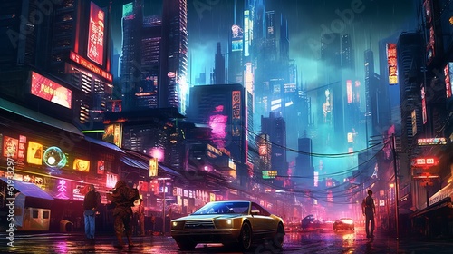 Cyberpunk neon cityscape, futuristic colors, dystopian world, otherwordly Generative AI