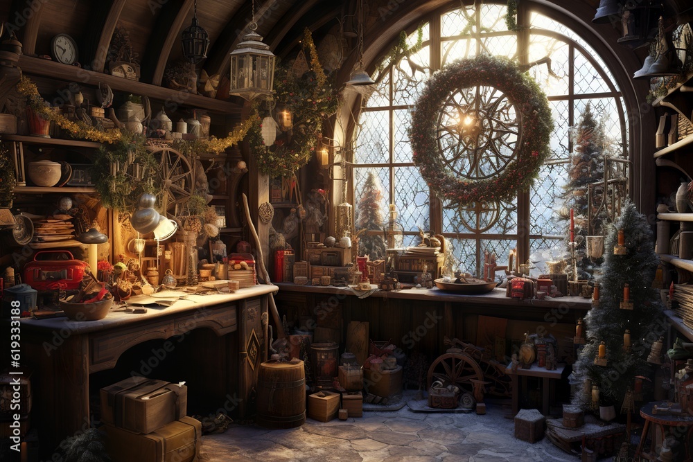 Obraz premium Santa Claus workshop, christmas interior background concept, generative ai