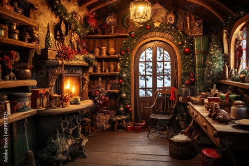 Santa Claus workshop, christmas interior background concept, generative ai © Gbor