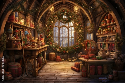 Santa Claus workshop, christmas interior background concept, generative ai © Gbor