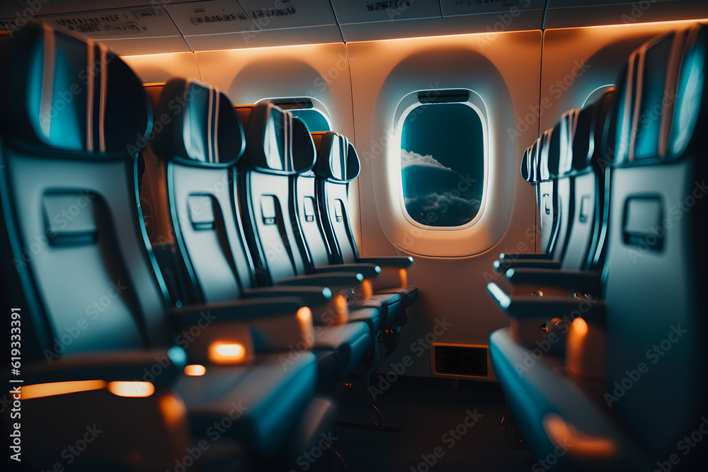 Obraz na plátně Empty aircraft seats economy class pass and windows