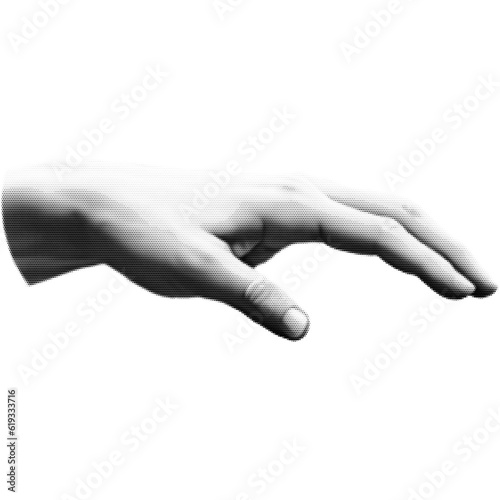 Halftone hand gesture as collage graphic element. Vintage punk grunge arm dotted pattern stickers. Retro trendy doodle hands vector illustration for posters, social media, business banners