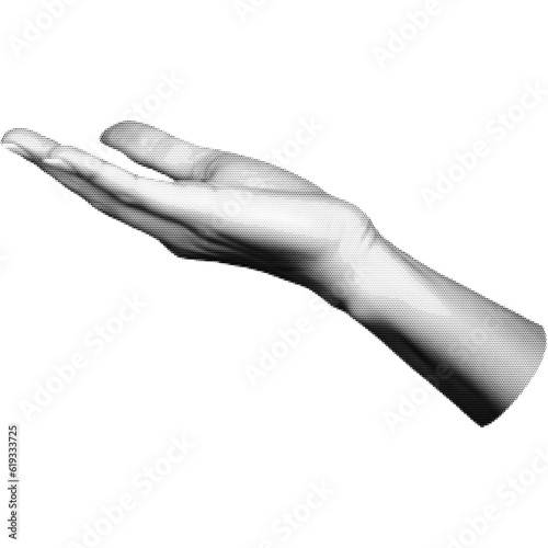 Halftone hand gesture as collage graphic element. Vintage punk grunge arm dotted pattern stickers. Retro trendy doodle hands vector illustration for posters, social media, business banners