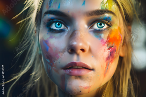 Detailed face portrait closeup of a blonde girl blue eyes painted with colored paints, stained chaotic strokes of watercolor. Generative AI