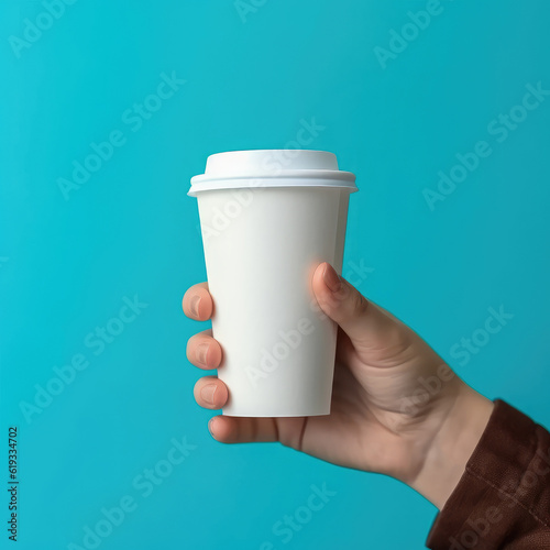 Paper Coffee Cup in Hand Isolated on a blue background. Generative AI