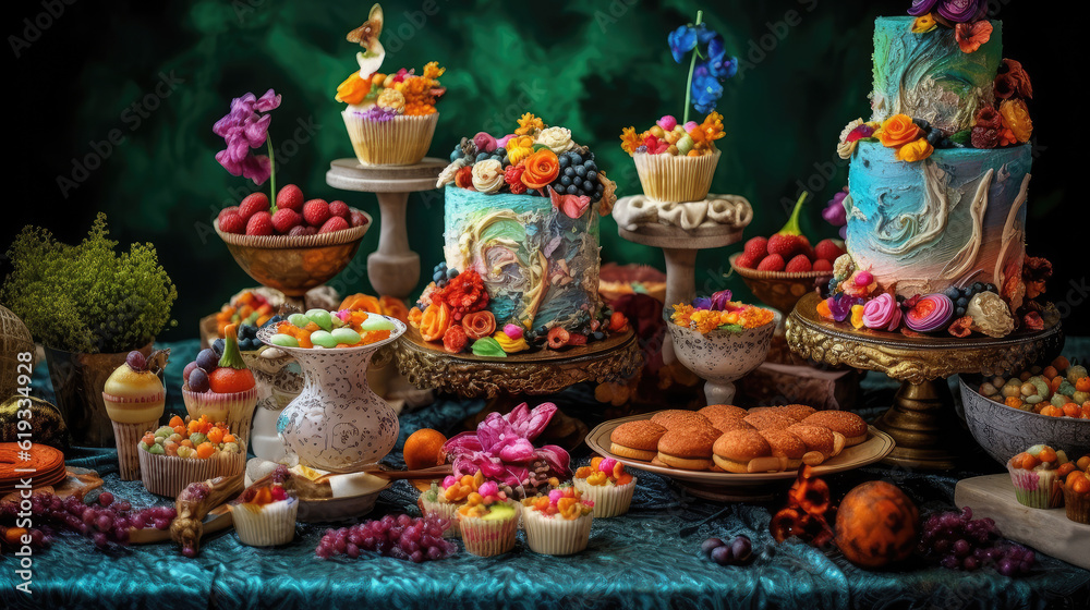 Array of Colorful Sweet Desserts in a Dessert Buffet extreme closeup. Generative AI Array of Colorful Sweet Desserts in a Dessert Buffet extreme closeup. Generative AI