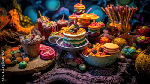 Array of Colorful Sweet Desserts in a Dessert Buffet extreme closeup. Generative AI