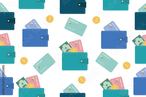 Credit seamless pattern. A repeating design element for printing on fabric. Wallet, card and cash. Cartoon flat vector illustration. Vector illustration