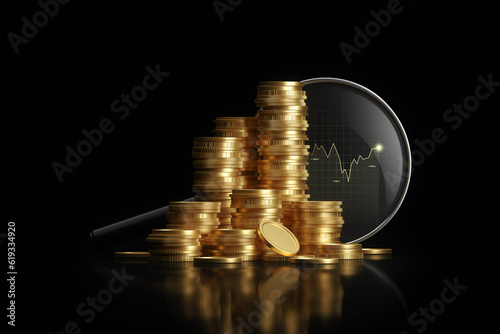 Success gold business investment financial market on 3d background of growth golden coin stack currency money profit finance concept or magnifying glass stock exchange wealth economy graph diagram. photo
