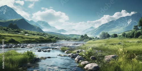 Mountain, river and sky copy space background. AI Generated