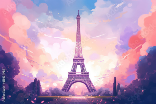 Travel to France Concept. Travel Poster with Eiffel Tower extreme closeup. Generative AI © doomu