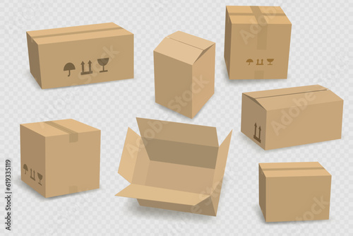 Set of empty cardboard boxes isolated on transparent. Realistic cardboard box mockup open or closed. Parcel packaging template for goods, packs for freight shipping. Delivery cargo box. 3d vector