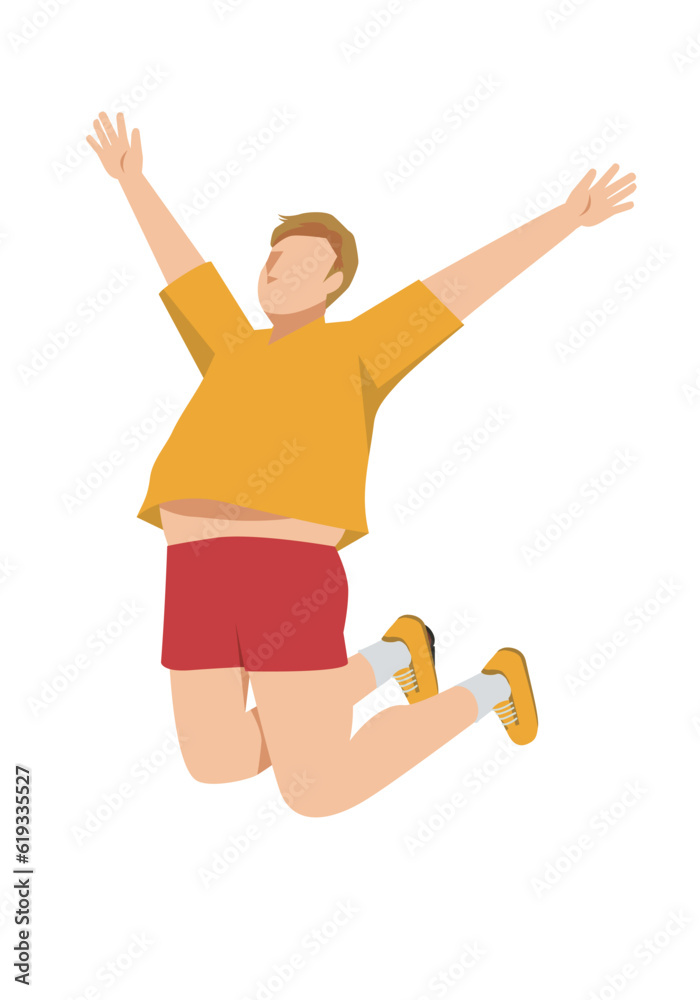 スポーツウエアを着た白人系男性がジャンプするフラットイラスト ダイエット、喜び成功飛躍跳躍のイメージ スポーツウエアを着た白人系男性がジャンプするフラットイラスト ダイエット、喜び成功飛躍跳躍のイメージ