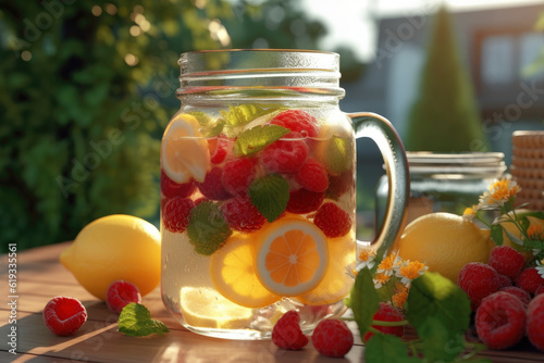 Lemonade with Fruits and Lemons in a Glass Jug Against a Natural Landscape extreme closeup. Generative AI