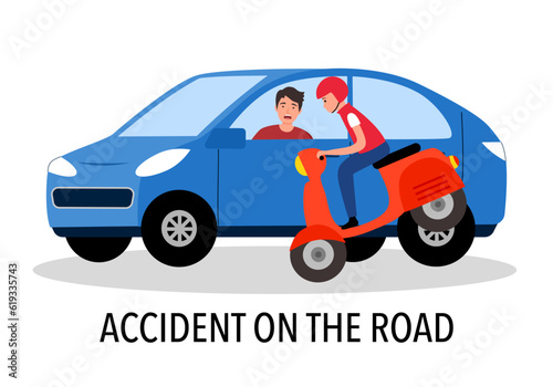 Car crash with motorbike on the road. Car accident.