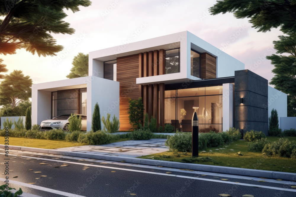 Architecture of a Modern Cozy House Surrounded by Trees, extreme closeup. Generative AI Architecture of a Modern Cozy House Surrounded by Trees, extreme closeup. Generative AI