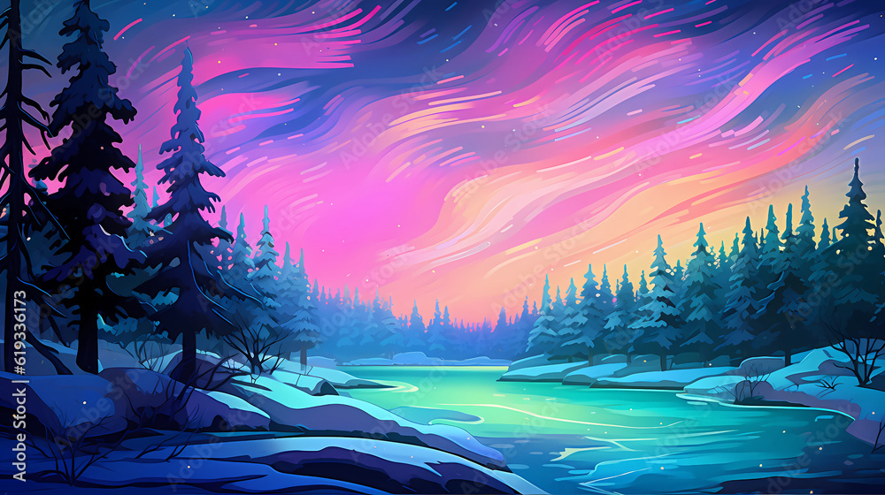 Hand-drawn cartoon beautiful illustration of outdoor snowy landscape under the starry sky in winter
