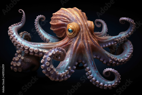 Octopus with Large Eyes Swimming Deep Ocean Water extreme closeup. Generative AI © doomu