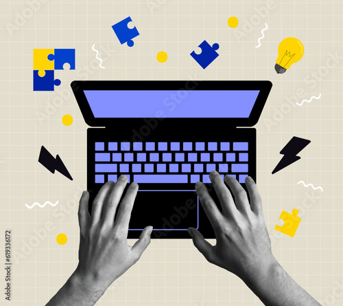 Top view of man working using computer. Vector illustration of website design, development, programming, seo. Creative concept for web banner, social media banner, business presentation.