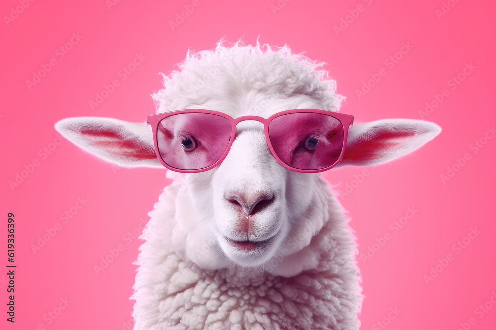 Beautiful Cute Funny Sheep Dressed in Sunglasses extreme closeup. Generative AI Beautiful Cute Funny Sheep Dressed in Sunglasses extreme closeup. Generative AI