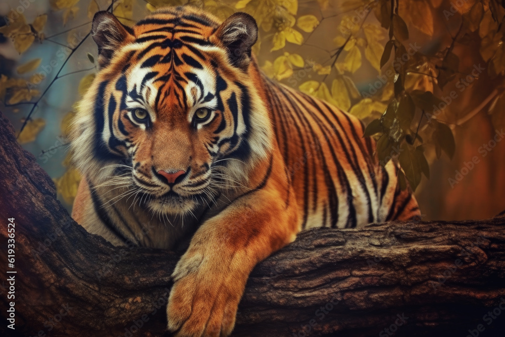 Beautiful Tiger Rest on a Tree Branch extreme closeup. Generative AI