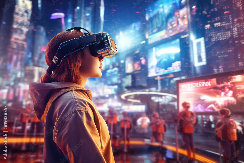 Fototapeta premium A Teenage Girl Explores the City of the Metaverse in Virtual Reality Glasses extreme closeup. Generative AI