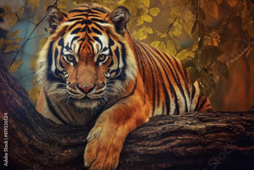 Beautiful Tiger Rest on a Tree Branch extreme closeup. Generative AI