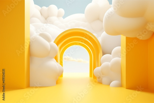 Fototapeta Naklejka Na Ścianę i Meble -  3d render, abstract minimal yellow background with white clouds flying out the tunnel