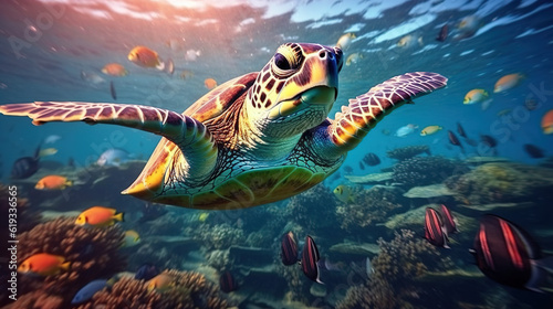 A Huge Turtles Swim Among Colorful Coral Reefs and Schools of Fish in Crystal Clear Water. Generative AI