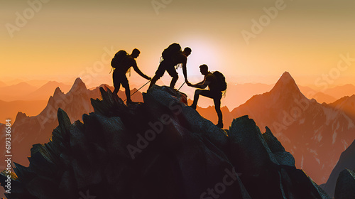 A Traveler, a Mountain Climber, a Person who Helps Others Overcome Obstacles and Reach the Top Together. People Reach out to Help Walk up the Mountain at Sunrise. Generative AI © Phoophinyo