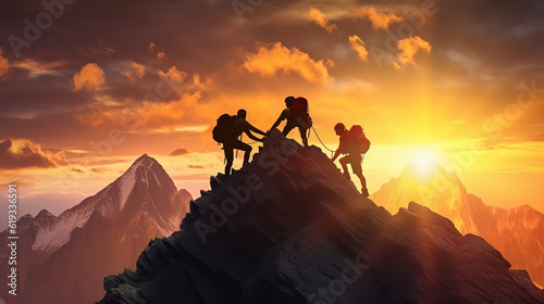 A Traveler, a Mountain Climber, a Person who Helps Others Overcome Obstacles and Reach the Top Together. People Reach out to Help Walk up the Mountain at Sunrise. Generative AI