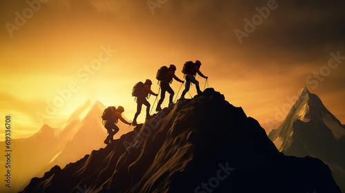 A Traveler, a Mountain Climber, a Person who Helps Others Overcome Obstacles and Reach the Top Together. People Reach out to Help Walk up the Mountain at Sunrise. Generative AI © Phoophinyo