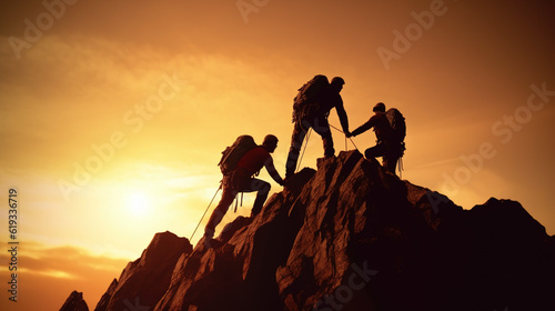 A Traveler, a Mountain Climber, a Person who Helps Others Overcome Obstacles and Reach the Top Together. People Reach out to Help Walk up the Mountain at Sunrise. Generative AI