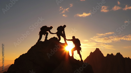 A Traveler, a Mountain Climber, a Person who Helps Others Overcome Obstacles and Reach the Top Together. People Reach out to Help Walk up the Mountain at Sunrise. Generative AI