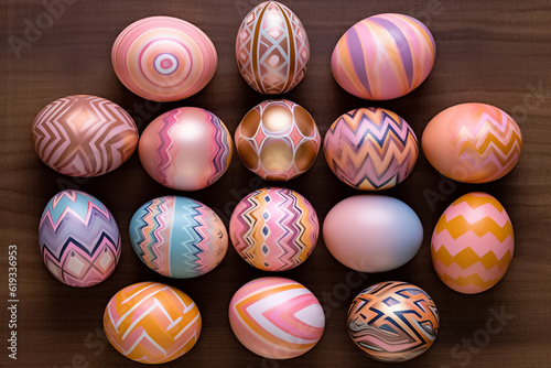 Perfect colorful handmade and beautiful Easter eggs background. Greetings and presents for Easter Day. Generative AI.