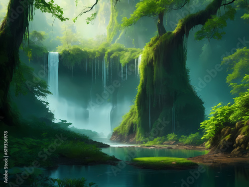 beautiful forest green rainy background with pond  waterfall  water source earthy swamp looking green land island view