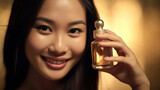 Asian Woman Holding Bottle with Serum for Skin Care Concept of Beauty and Skin Care Concept of female health and beauty. Generative AI