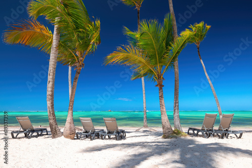 Exotic sland beach with palm trees on the Caribbean Sea shore, summer tropical destination