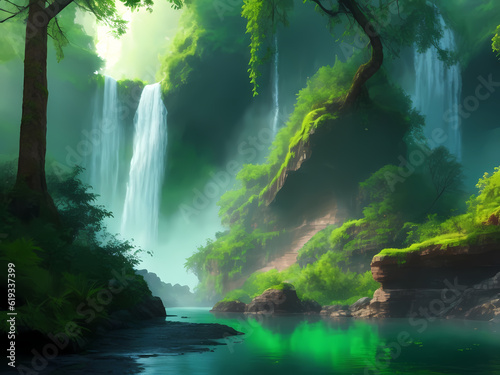 beautiful forest green rainy background with pond  waterfall  water source earthy swamp looking green land island view