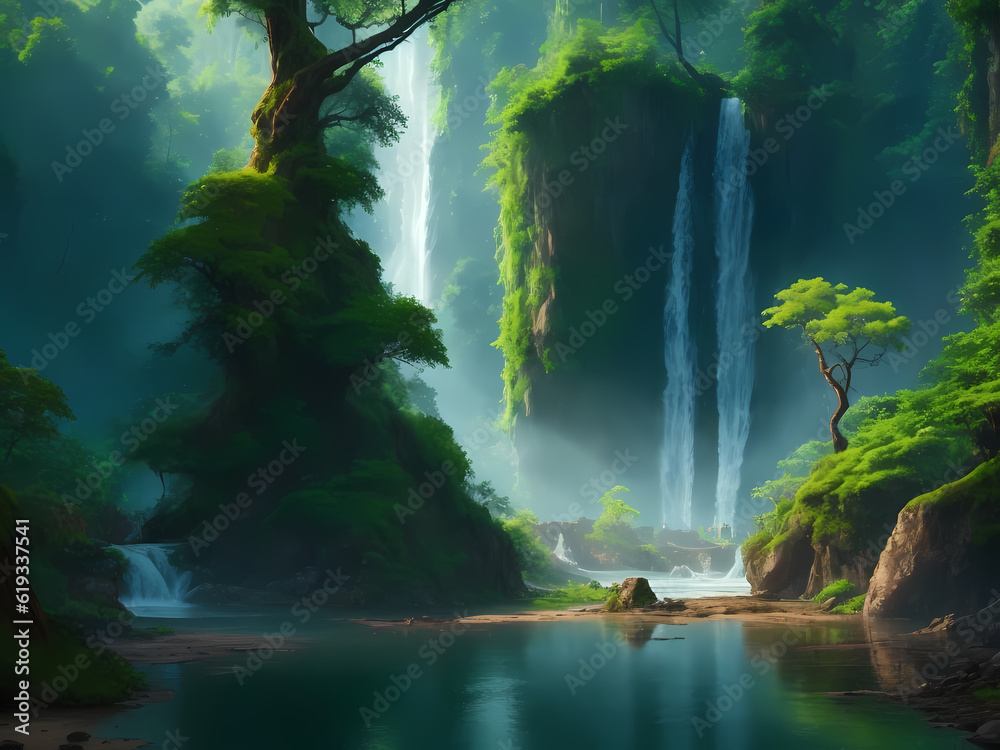 beautiful forest green rainy background with pond, waterfall, water source earthy swamp looking green land island view