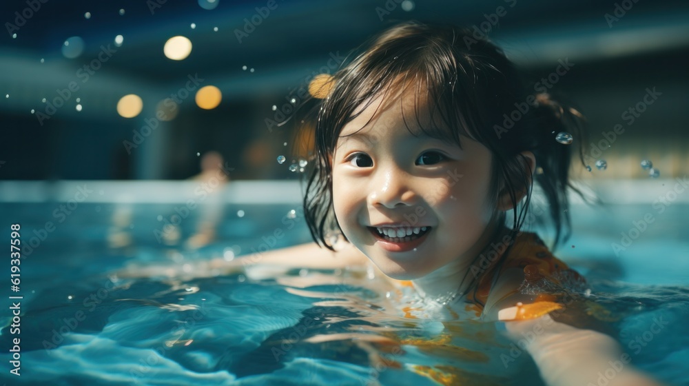 Japanese girl swimming in the pool.