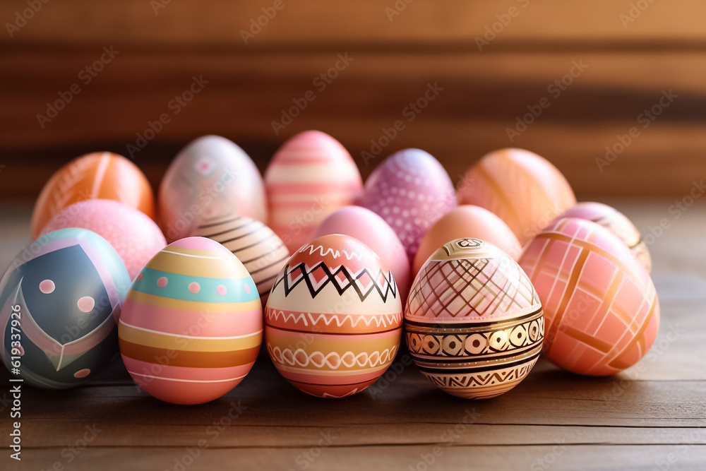 Perfect colorful handmade and beautiful Easter eggs background. Greetings and presents for Easter Day. Generative AI. Perfect colorful handmade and beautiful Easter eggs background. Greetings and presents for Easter Day. Generative AI.