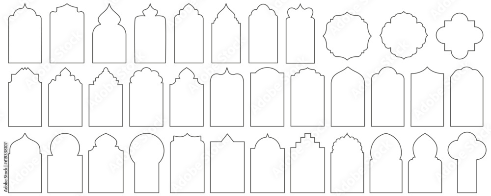Ramadan frame shape. Islamic door window and arch design. Oriental architecture elements template set. Traditional eastern decor. Vector illustration - obrazy, fototapety, plakaty 