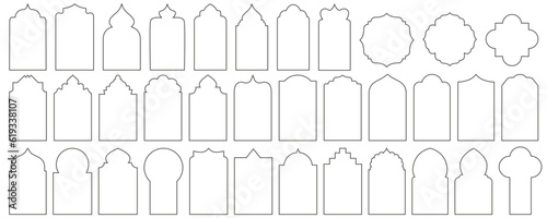 Ramadan frame shape. Islamic door window and arch design. Oriental architecture elements template set. Traditional eastern decor. Vector illustration