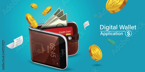 Money online on mobile phone, vector design. Capital flow, earning or making money. Financial savings.mobile wallet online on green background.Concept of spending money online through the internet.
