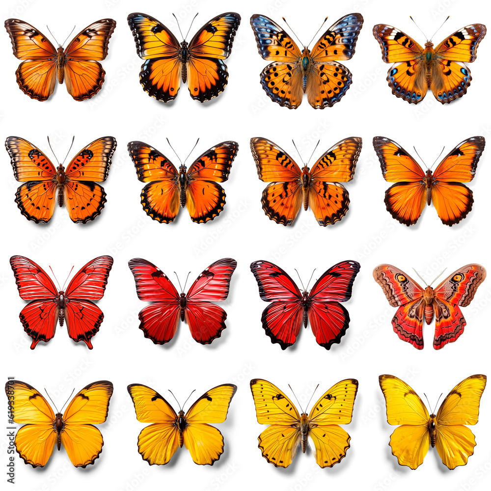 Collection of yellow, red, orange vivid butterflies isolated on transparent background