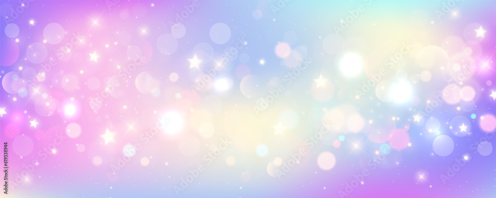 Rainbow unicorn background. Pastel fantasy sky with bokeh and stars. Magic holographic galaxy. Marble kawaii texture. Vector cosmic girlie wallpaper. Rainbow unicorn background. Pastel fantasy sky with bokeh and stars. Magic holographic galaxy. Marble kawaii texture. Vector cosmic girlie wallpaper.