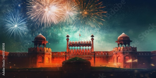 Red Fort at Night with Fireworks, India Tourism Attraction background, Independence Day. Generative Ai