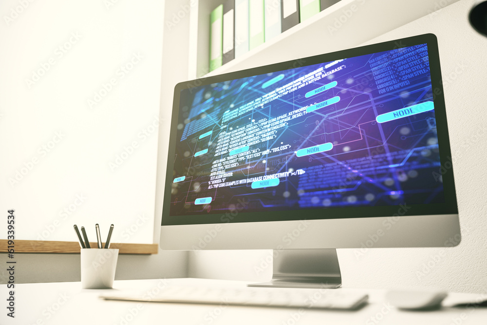 Modern computer display with abstract programming language hologram, artificial intelligence and machine learning concept. 3D Rendering Modern computer display with abstract programming language hologram, artificial intelligence and machine learning concept. 3D Rendering