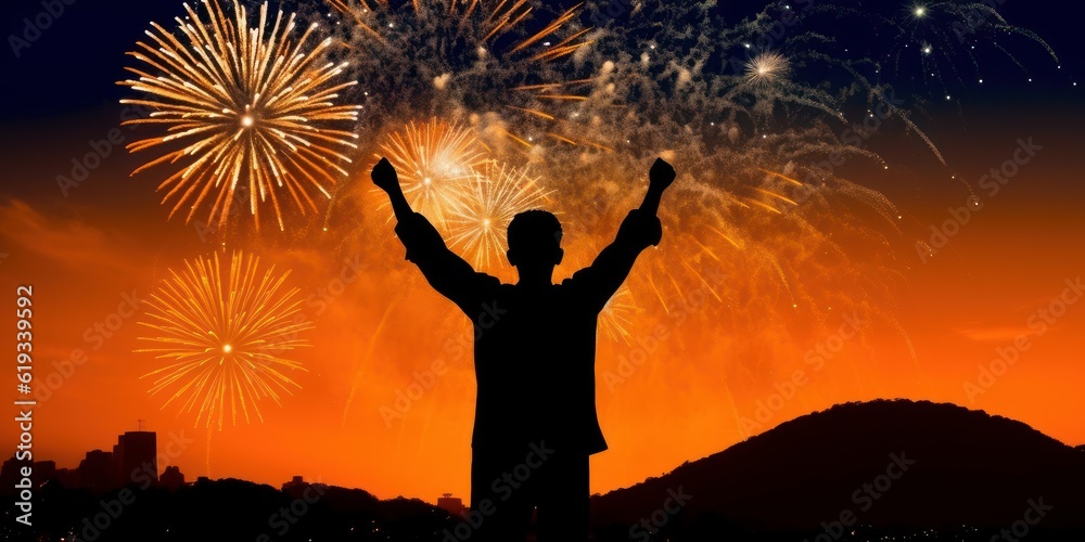 Indian Man Celebrating on Fireworks Background, India Independence Day. Generative Ai